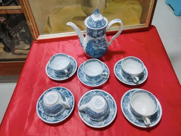 blue and white tea set made in england